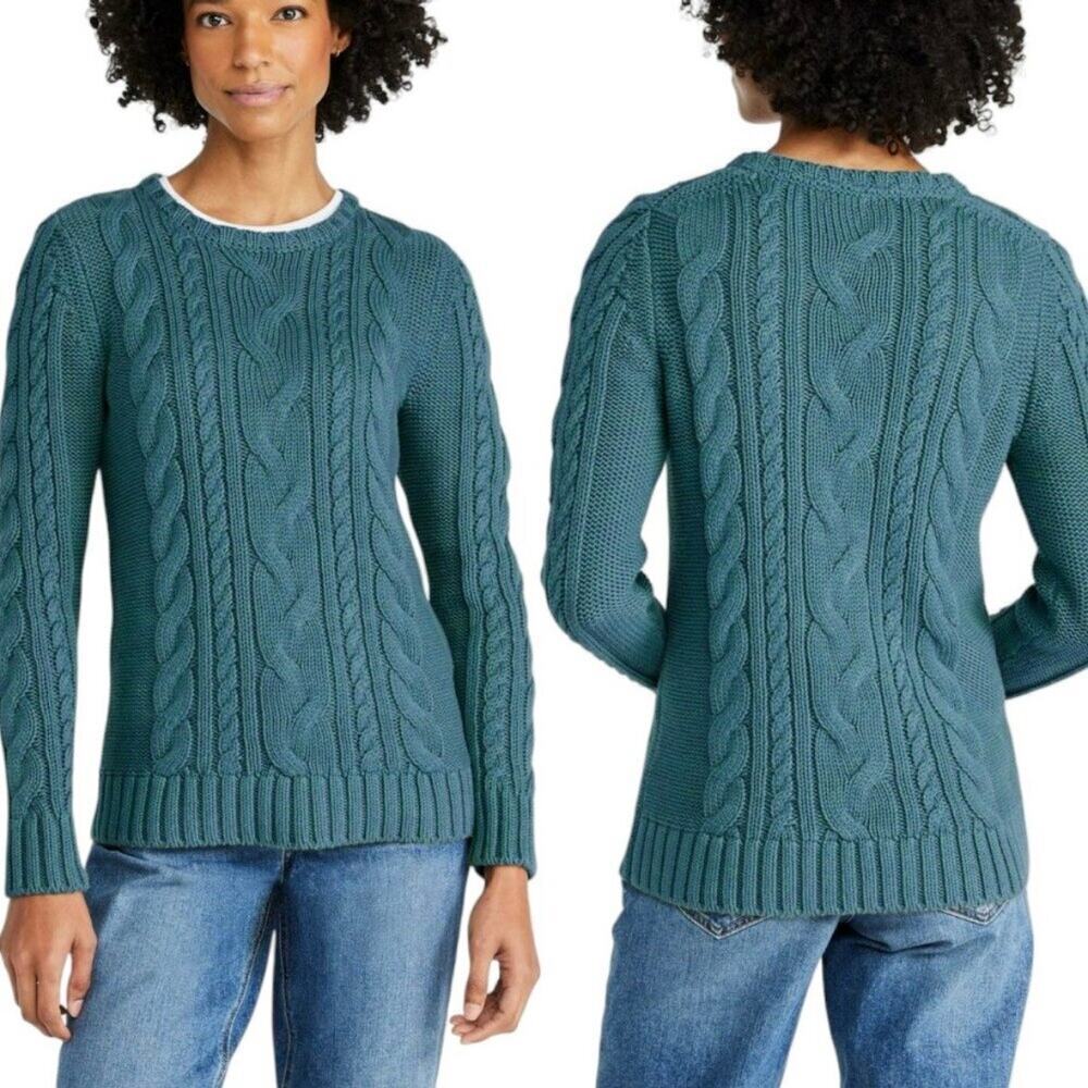 L.L.Bean Women’s Crew Neck Cable Knit Sweater Teal Size Medium Grannycore Cozy
